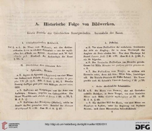 A. Historische Folge von Bildwerken. Erste Periode der griechischen Kunstgeschichte. Incunabeln der Kunst