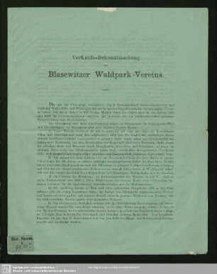 Verkaufs-Bekanntmachung des Blasewitzer Waldpark-Vereins