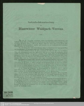 Verkaufs-Bekanntmachung des Blasewitzer Waldpark-Vereins