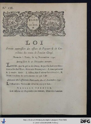 Loi Portant suppression des offices de Payeurs & de Contrôleurs des rentes de l'ancien Clergé.