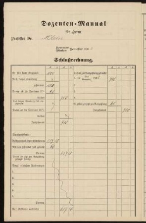 Dozenten-Manual für Herrn Professor Dr. Klein Sommer-Semester 1902 Schlußrechnung.