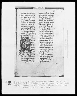 Neutestamentliche Schriften, Bibliorum sacrorum pars finalis — Initiale A(pocalypsis jesu christi), Folio 63recto