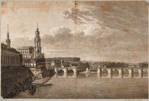 Die durch französische Truppen am 19. März 1813 gesprengte Elbbrücke (alte Augustusbrücke) in Dresden von Osten, links die Altstadt mit Brühlscher Terrasse, Hofkirche und Italienischem Dörfchen