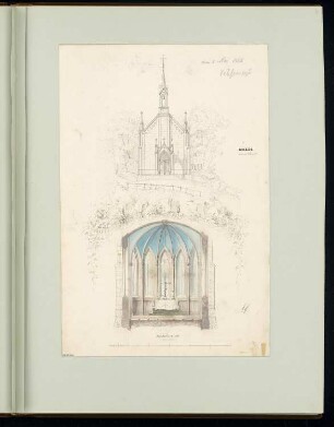Kapelle Monatskonkurrenz Mai 1866: Aufriss Eingangsansicht, Querschnitt Altarraum; Maßstabsleiste