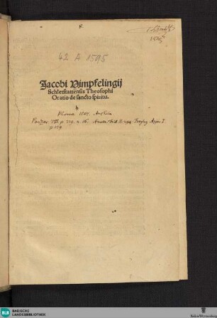 Jacobi Vimpfelingij Schletstattensis Theosophi Oratio de sancto spiritu