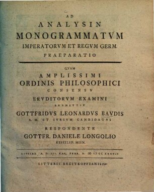 Ad Analysin Monogrammatvm Imperatorvm Et Regvm Germ. Praeparatio