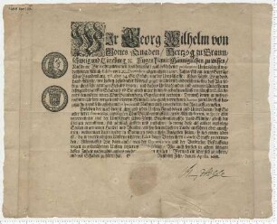 Münzedikt Herzog Georg Wilhelms zu Braunschweig-Lüneburg. Eigenhändige Unterschrift