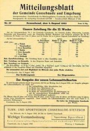 Kommunales Mitteilungsblatt u.a. zur Lebensmittelbewirtschaftung und zur ersten Gemeindeverordneten-Sitzung sowie mit gewerblichen Anzeigen