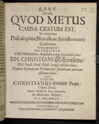 De eo, Quod Metus Causa Gestum Est, Et circa hoc Philosophiae Moralis ac Iuris Romani Consensum
