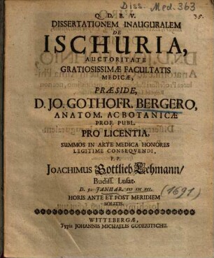 Dissertationem Inauguralem De Ischuria