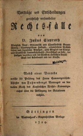 Vorträge und Entscheidungen gerichtlich verhandelter Rechtsfälle, 1