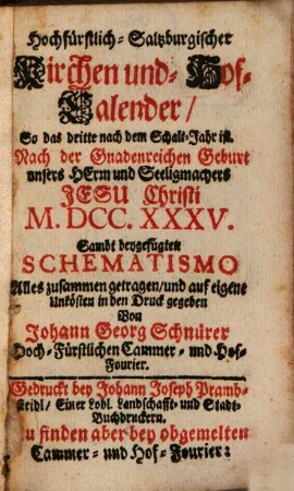 Hochfürstlich-Salzburgischer Kirchen- und Hof-Kalender, 1735