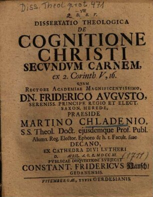 Dissertatio theologica de cognitione Christi secundum carnem : ex 2. Corinth. V, 16.