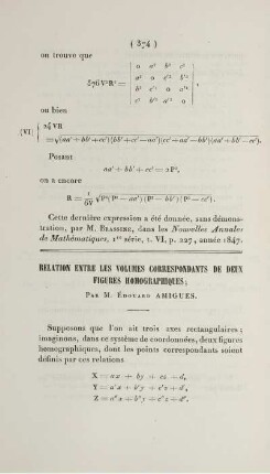 Relation entre les volumes correspondants de deux figures homograhiques.