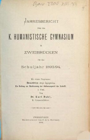 Jahresbericht über das Human. Gymnasium in Zweibrücken. 1893/94 (1894)