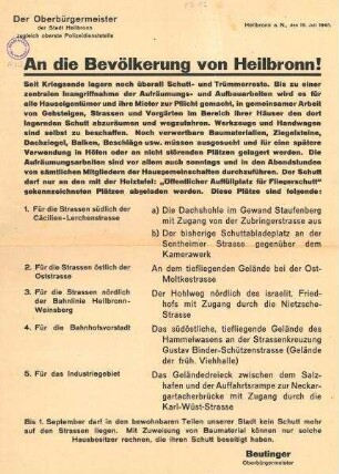 Anschlag "An die Bevölkerung von Heilbronn!" betreffend Schutträumung