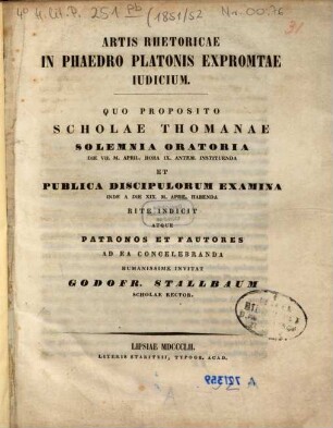 Oratio qua ad sacra anniversaria Scholae Thomanae ... celebranda ... invitat. 1851/52