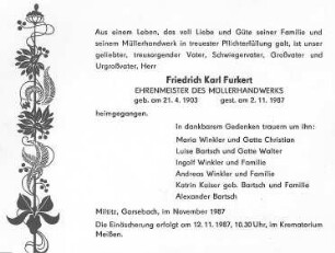 Triebischtal-Miltitz. Todesanzeige für Friedrich Karl Furkert
