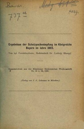 Ergebnisse der Schutzpockenimpfung im Königreiche Bayern für das Jahr.... 1895 (1896)