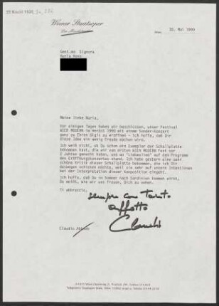 Brief an Nuria Schoenberg Nono, 30.05.1990