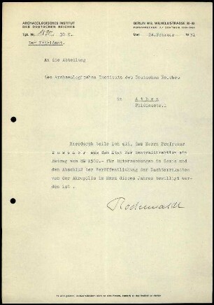 G. Rodenwaldt an DAI Athen