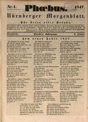 Phoebus : Nürnberger Morgenblatt ; für Leser aller Stände. 1847 = Jg. 2