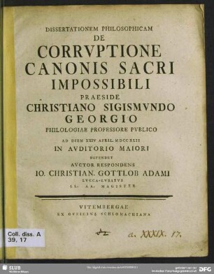 Dissertationem Philosophicam De Corrvptione Canonis Sacri Impossibili