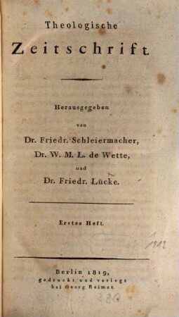 Theologische Zeitschrift. 1, 1. 1819