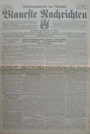 Karnevalszeitung: Faschingsnummer der "Berliner Blaueste Nachrichten"; Berlin, 1912