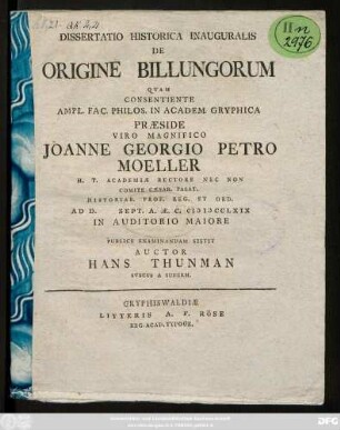 Dissertatio Historica Inauguralis De Origine Billungorum