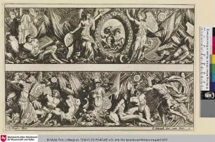 [Zwei Friese, das obere mit einer Kartusche mit einem Reiterbildnis; Frises de trophées d'armes]