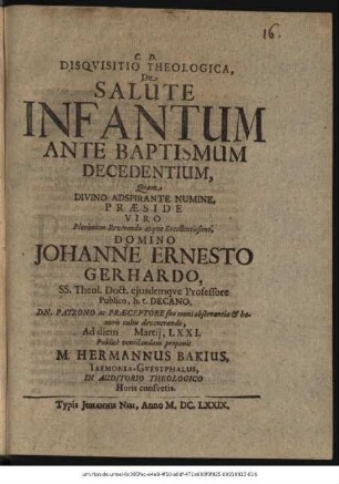 Disquisitio Theologica, De Salute Infantum Ante Baptismum Decedentium