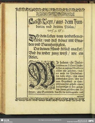 [Die Erste Leichpredigt]. LeichText aus dem hunderten und dritten Psalm, vers. 4. et 5.