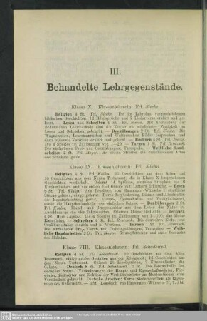 III. Behandelte Lehrgegenstände