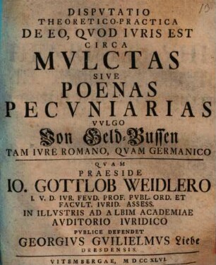 Disputatio Theoretico-Practica De Eo, Qvod Ivris Est Circa Mvlctas Sive Poenas Pecvniarias, Vvlgo Von Geld-Bussen Tam Ivre Romano, Qvam Germanico