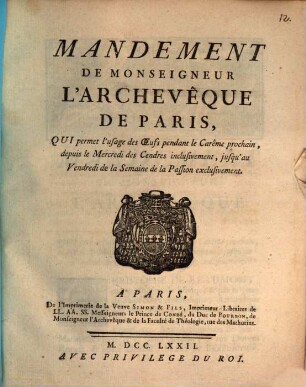 Mandement, qui permet l'usage des oeufs pendant le Carême prochain