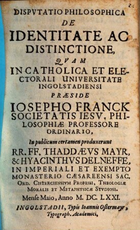 Dispvtatio Philosophica De Identitate Ac Distinctione