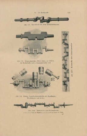 Abb. 117. Kurbelwelle für einen Zweizylindermotor. Abb. 118 Rohgeschmiedeter Block (oben), welcher ... Abb. 119 Fertige Vierzylinderkurbelwelle ... Abb. 120a. Kurbelwelle eines Sechszylinders. Abb. 120b. Kurbelwelle eines Achtzylindermotors