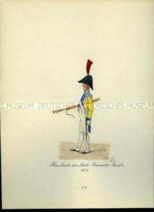 Uniformdarstellung, Hoboist der Leib-Grenadier-Garde, 1811. Aus: Sammelmappe "Sachsens Militär", Königliche Arsenalsammlung.