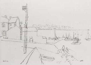 Hafen mit Häusern, Booten und Anglern