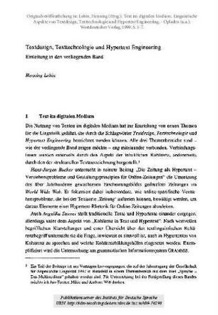 Textdesign, Texttechnologie und Hypertext Engineering. Einleitung in den vorliegenden Band