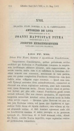 312-321 Schreiben Papst Leo's XIII. vom 18. August 1883 an die Cardinäle Luca, Pitra und Hergenröther