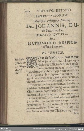 Oratio VI. Parentaliorum. Illustrißimi Prinicipis ac Domini, Dn. Johannis, Ducis Saxoniae, &c. Oratio Quinta