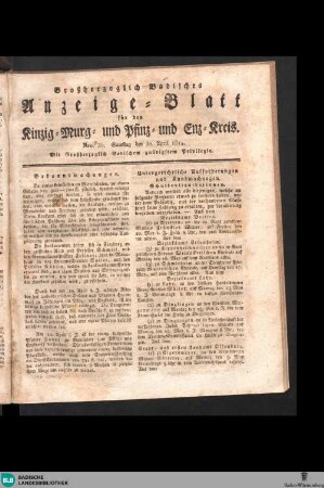 Grossherzoglich Badisches Anzeige-Blatt für den Kinzig-, Murg- und Pfinz-Kreis, Großherzoglich Badisches Anzeige-Blatt für den Kinzig-, Murg-, Pfinz- und Enz-Kreis