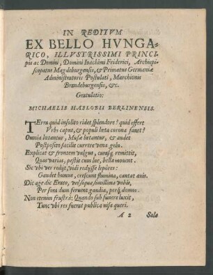 In Reditum Ex Bello Hungarico, Illustrissimi Principis ac Domini, Domini Ioachimi Friderici ... Gratulatio: