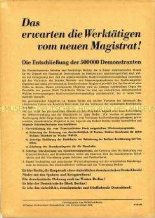 Propagandaflugblatt des FDGB zur Bildung des neuen Magistrats in Ostberlin