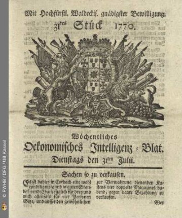 31tes Stueck, Dienstags den 31ten Julii 1770