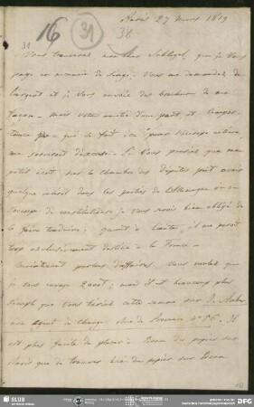 Eigenh. Brief von Auguste Louis de Staël-Holstein an August Wilhelm von Schlegel, Paris, 27.03.1819