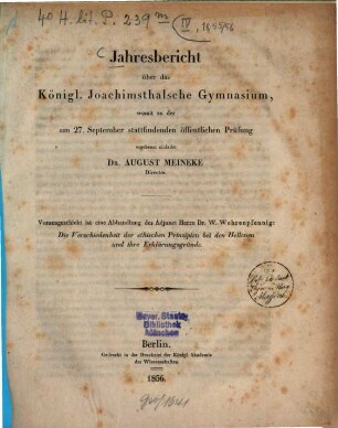 Jahresbericht über das Königl. Joachimsthalsche Gymnasium : für das Schuljahr .... 1855/56
