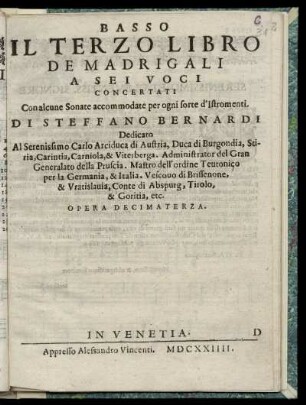 Steffano Bernardi: Il terzo libro de madrigali a sei voci concertati ... Basso